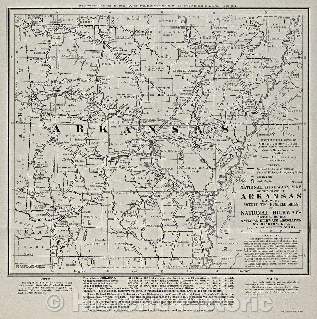 Historic Map : National Highways map of the state of Arkansas showing twenty-two hundred miles of national highways proposed by the National Highways Association, 1919 , Vintage Wall Art