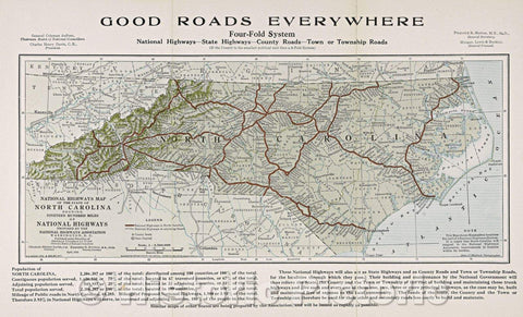 Historic Map : National Highways map of the State of North Carolina : showing eighteen hundred miles of national highways, 1914 , Vintage Wall Art