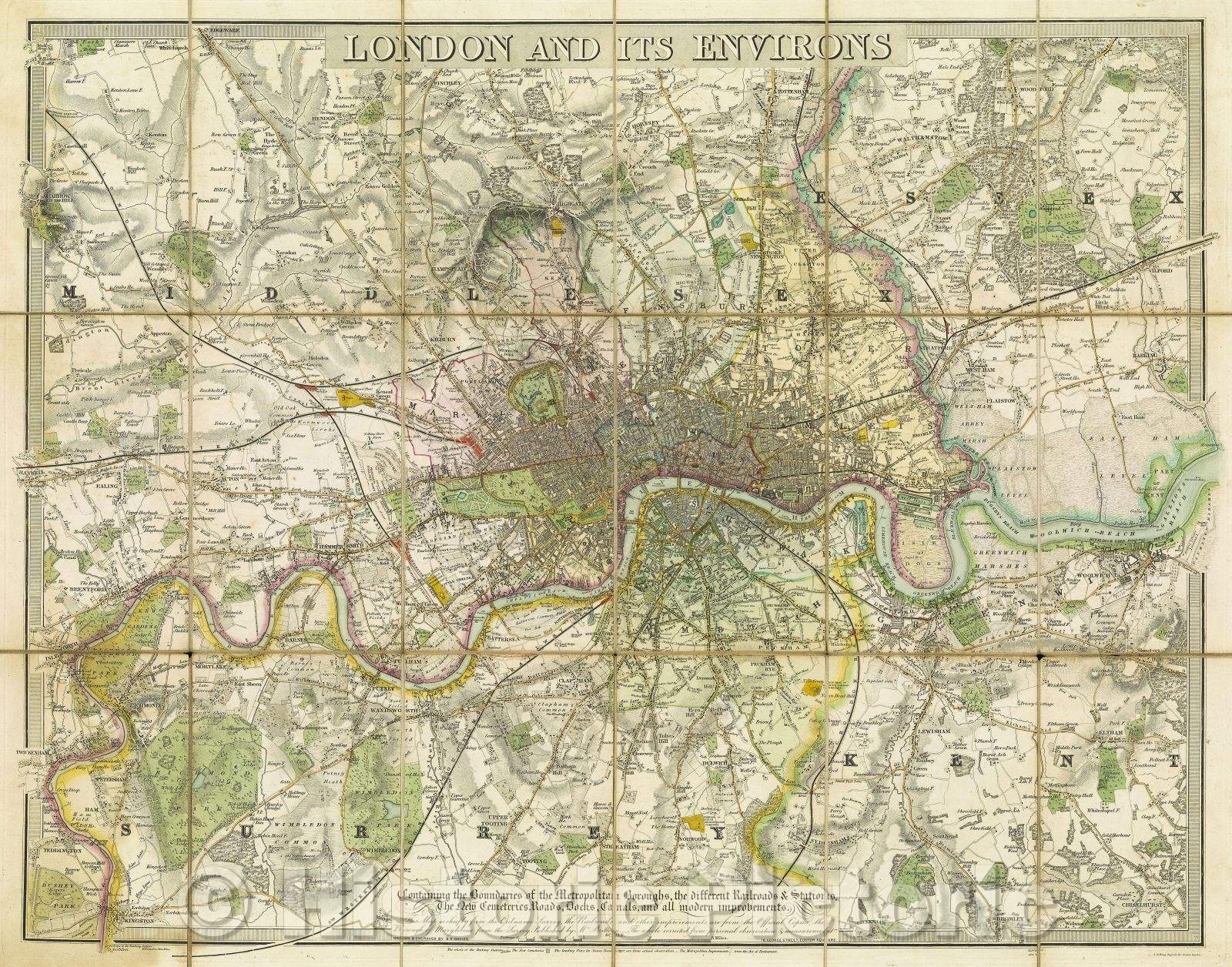 Historic Map : London and its Environs : containing the boundaries of the metropolitan boroughs, the different railroads and stations, the new cemeteries, roads, 1841 , Vintage Wall Art