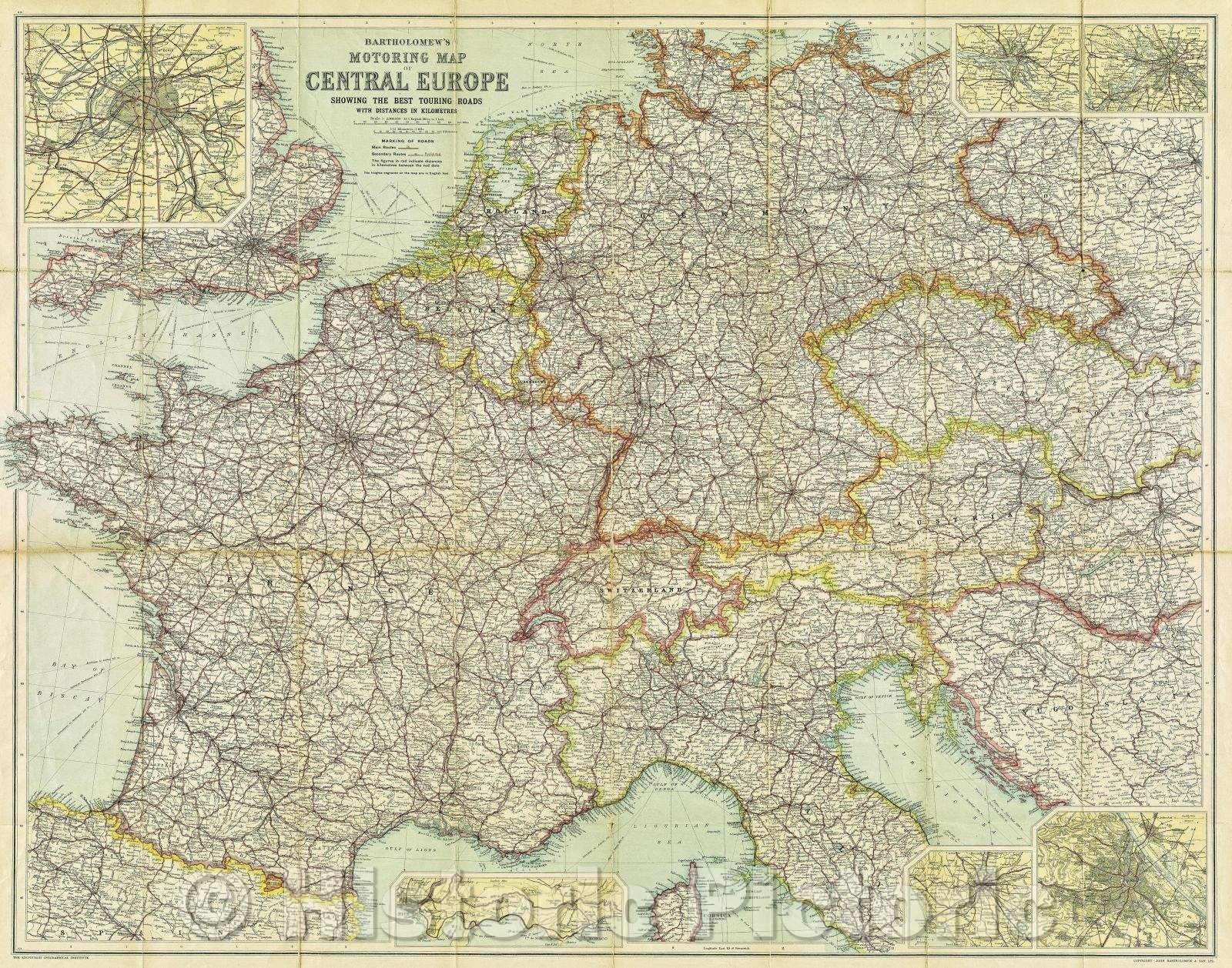 Historic Map : Bartholomew's Motoring Map of Central Europe : showing the best touring roads with distances in kilometres, 1937 , Vintage Wall Art