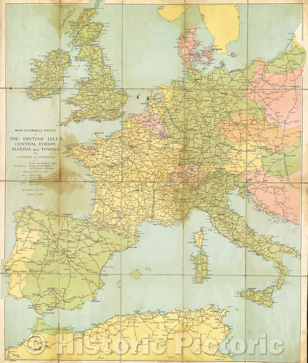 Historic Map : Main automobile routes of the British Isles, Central Europe, Algeria and Tunisia, Vintage Wall Art