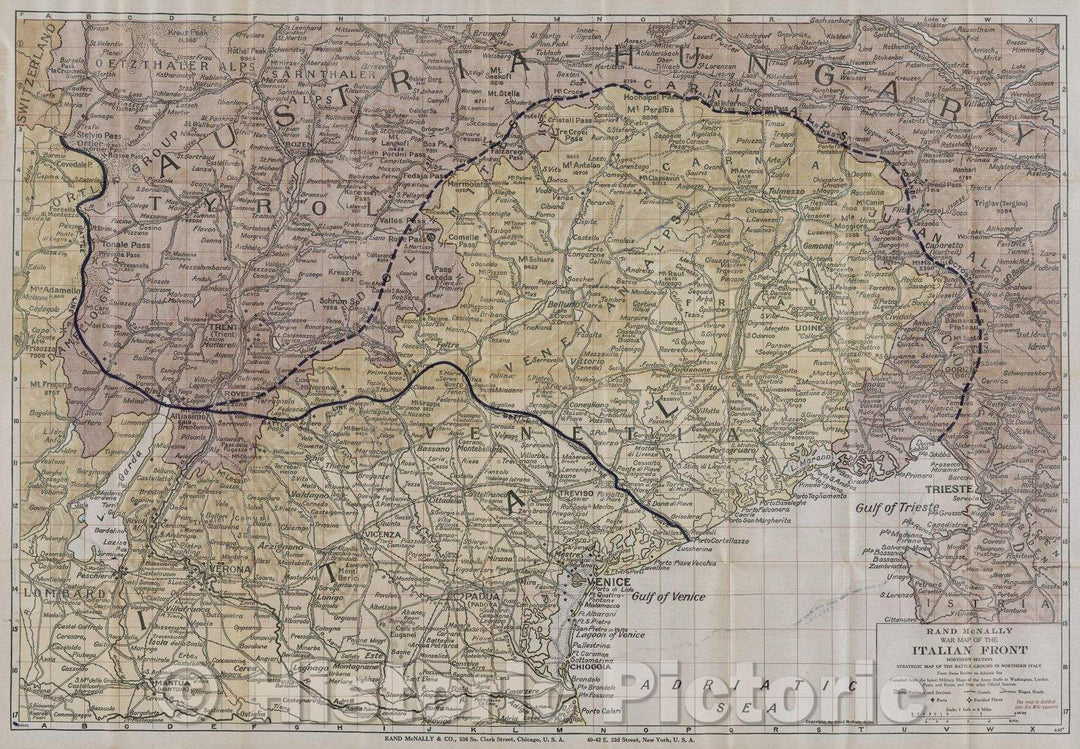 Historic Map : Rand McNally war map of the Italian front : northern section : strategic map of the battle ground in northern Italy from Swiss border to Adriatic Sea, 1917 , Vintage Wall Art