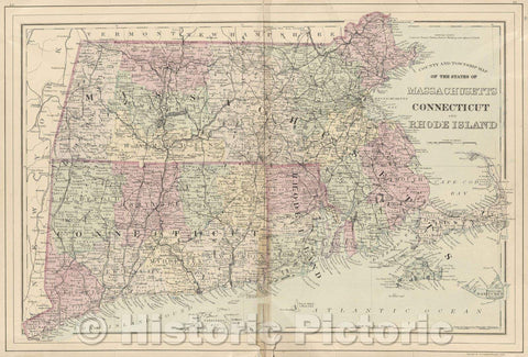 Historic Map : County and Township Map of the States of Massachusetts, Connecticut and Rhode Island, 1884 , Vintage Wall Art