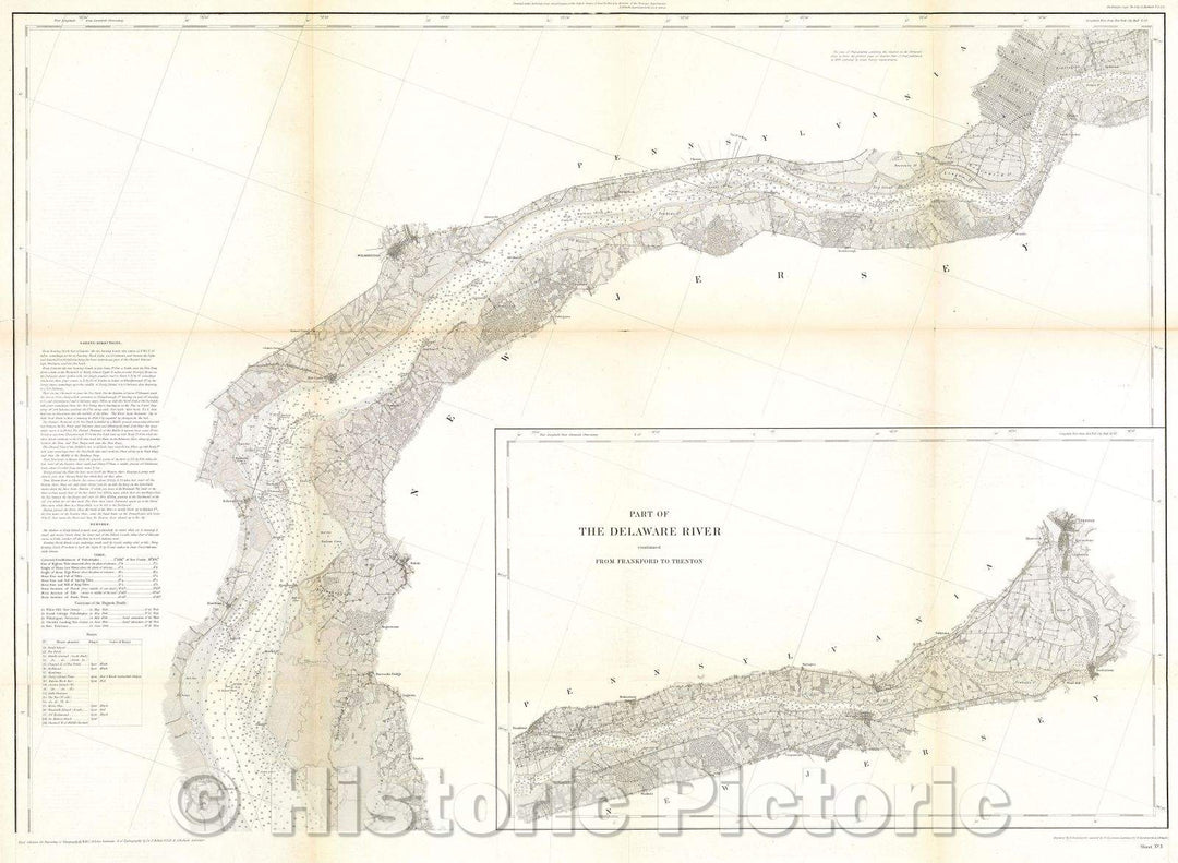 Historic Map : Part of the Delaware River continued From Frankford to Trenton, 1844 , Vintage Wall Art