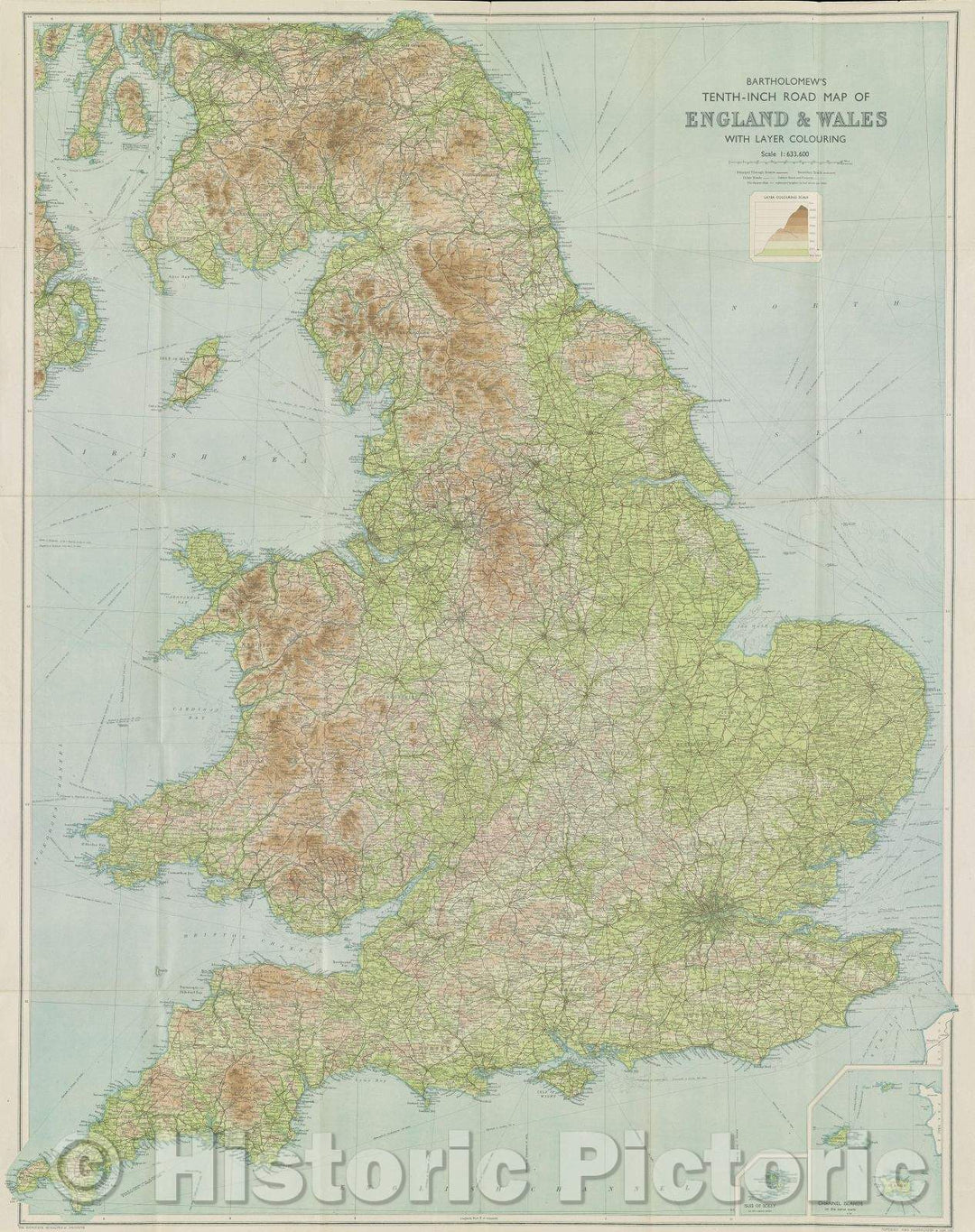 Historic Map : Bartholomew's Tenth-Inch Road Map of England and Wales with layer colouring., 1944 , Vintage Wall Art