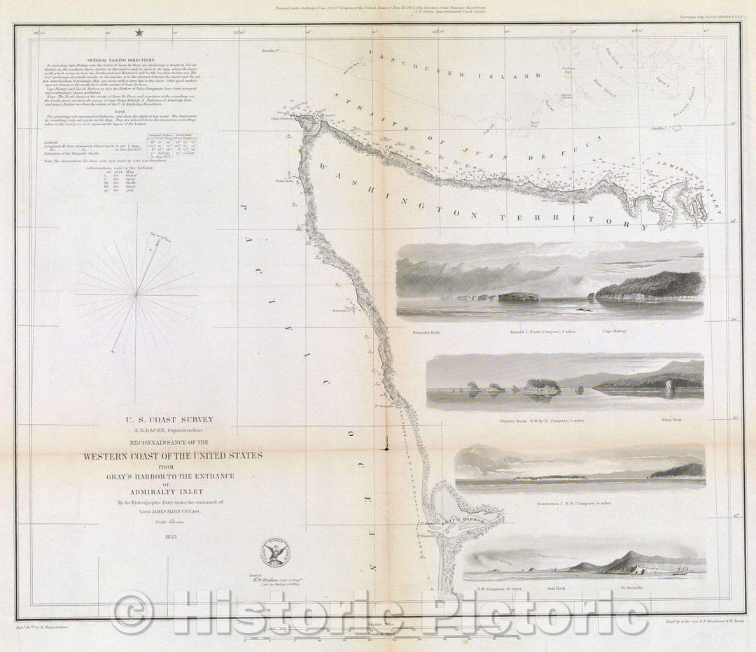 Historic Map : U.S. Coast Survey, A. D. Bache. Superintendent, Reconnaissance of the Western Coast of the United States from Gray's Harbor to the Entrance of Admiral, 1853 , Vintage Wall Art