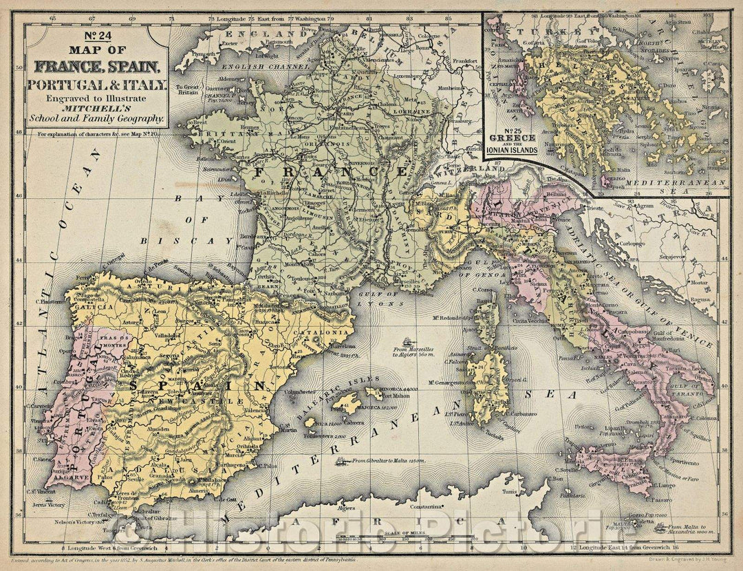 Historic Map : Map of France, Spain, Portugal and Italy, 1846 , Vintage Wall Art