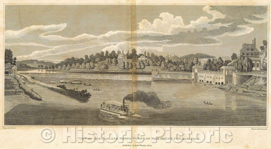 Historic Map : View of the dam and water works at Fairmount, Philadelphia, 1824 , Vintage Wall Art