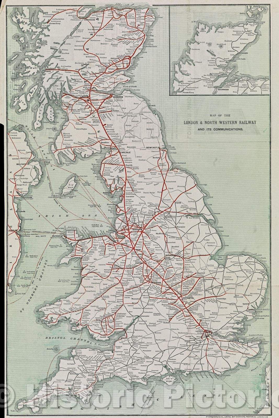 Historic Map : Map of the London and Northwestern Railway and Its Communications., c. 1890 , Vintage Wall Art