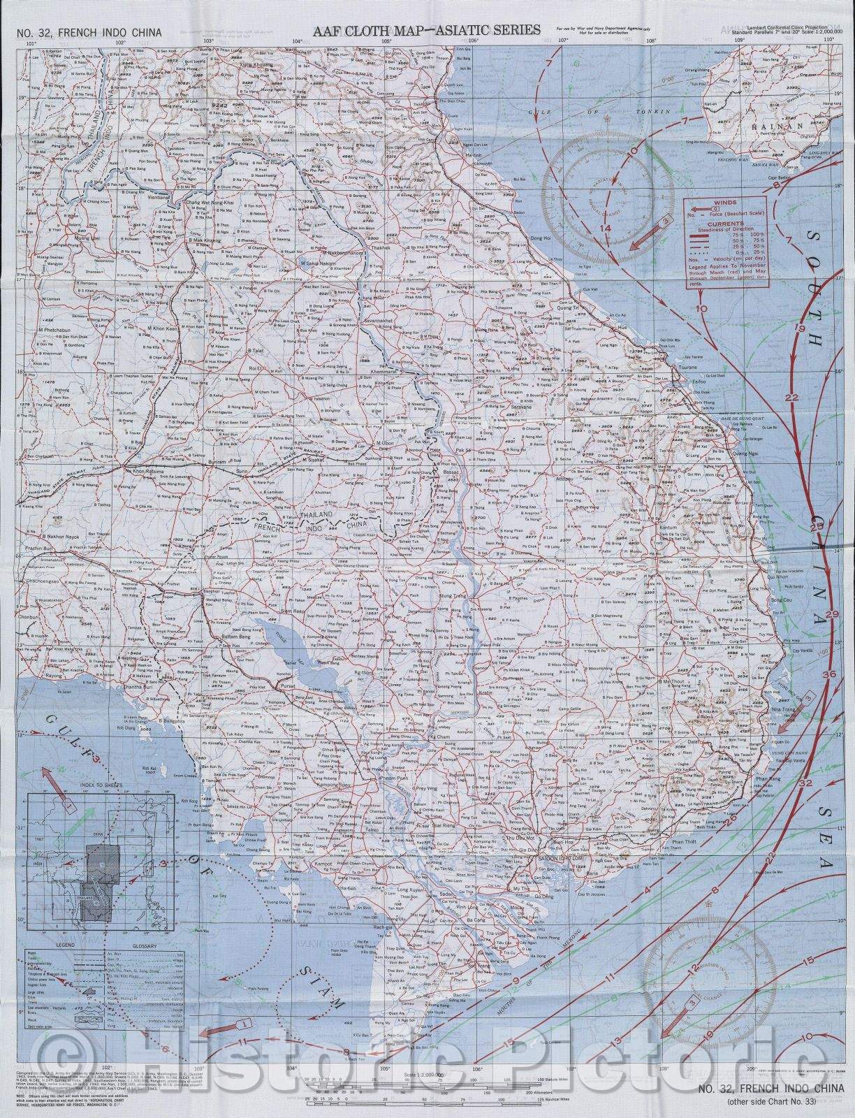 Historic Map : AAF Cloth Map-Asiatic Series No. 32, French Indo China, c. 1944 , Vintage Wall Art