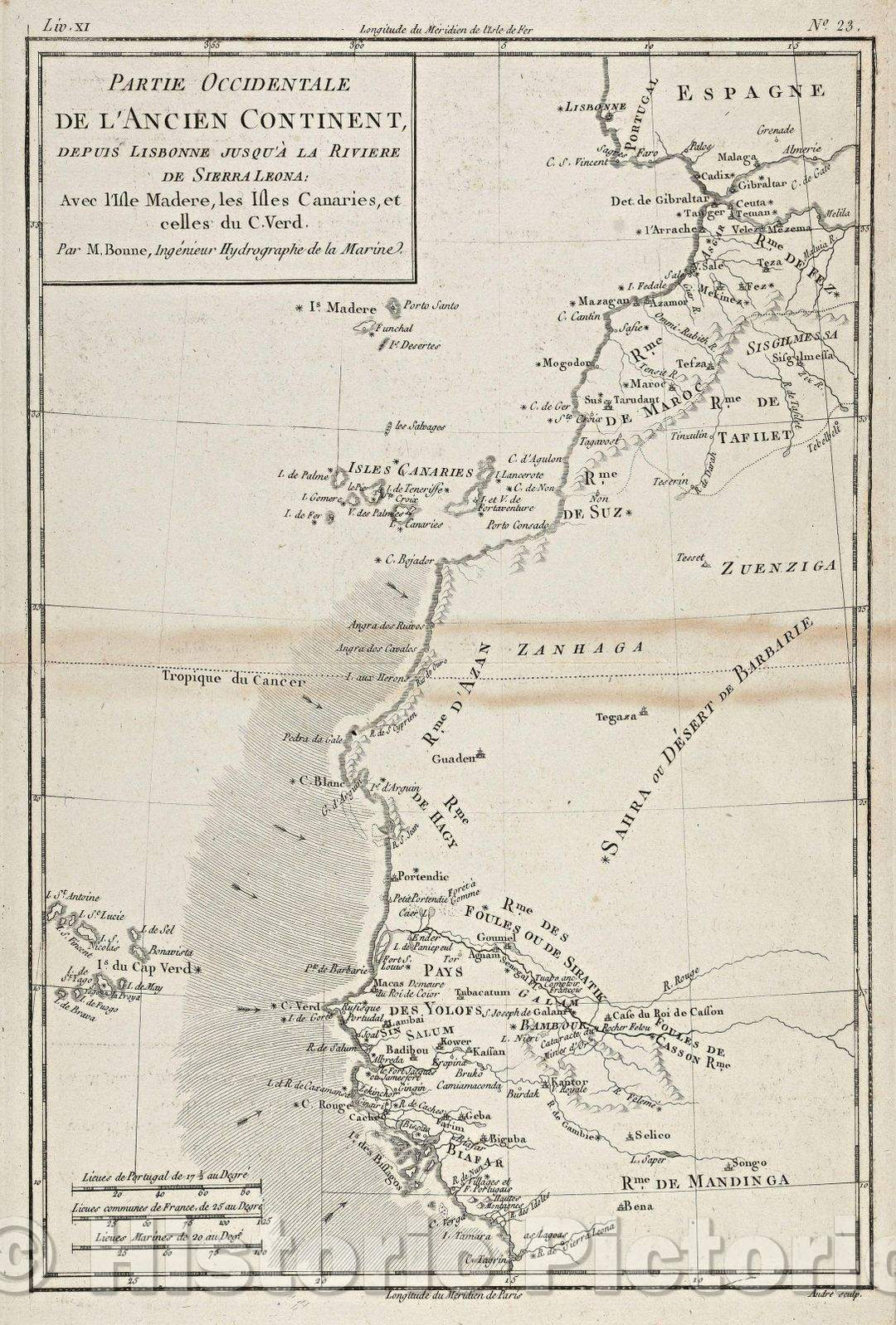 Historic Map : Partie Occidentale De l'Ancien Continent, depuis Lisbonne jusqu'a? la Rivie?re de Sierra Leona : avec l'Isle Made?re, les Isles Canaires, 1780 , Vintage Wall Art