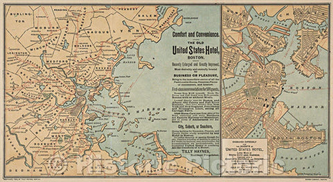 Historic Map : New Pocket Map of Boston and Surrounding Country. Engraved Expressly for the Guests of the United States Hotel, 1889 , Vintage Wall Art