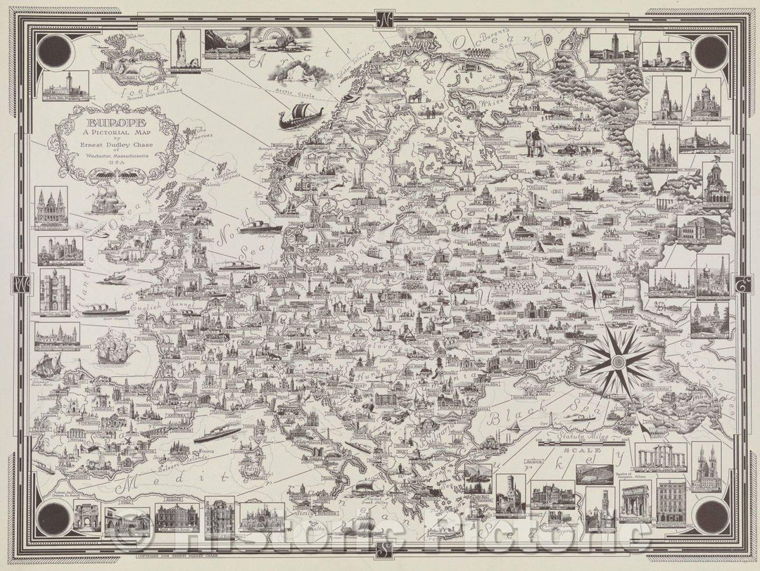 Historic Map : Europe a Pictorial Map by Ernest Dudley Chase, 1938 , Vintage Wall Art