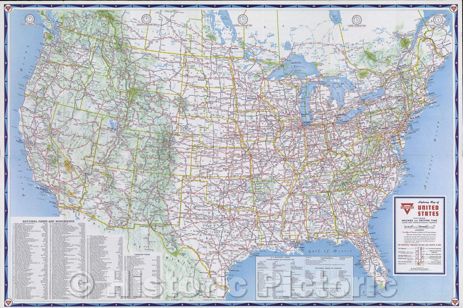 Historic Map : Conoco Highway Map of United States featuring mileage and driving time along main transcontinental highways., c. 1950 , Vintage Wall Art