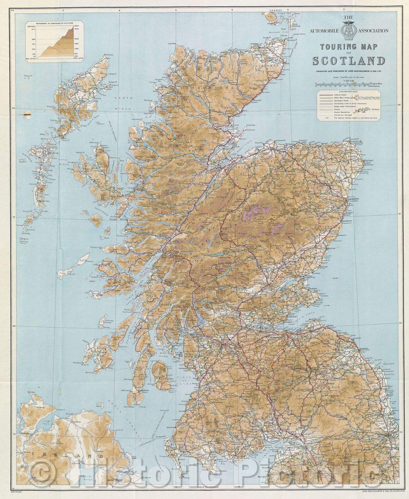 Historic Map : The Automobile Association Touring Map of Scotland Engraved and published by John Bartholomew and Son, Ltd, 1936 , Vintage Wall Art