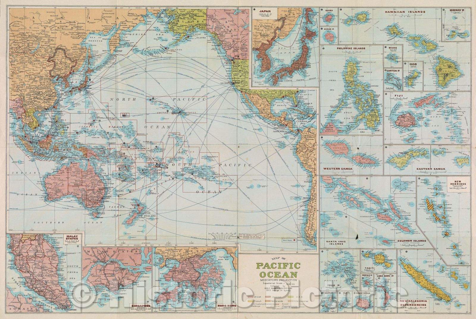 Historic Map : Map of Pacific Ocean Mercators Projection compiled by H.E.C. Robinson P.T.Y.L.T.D, 1945 , Vintage Wall Art