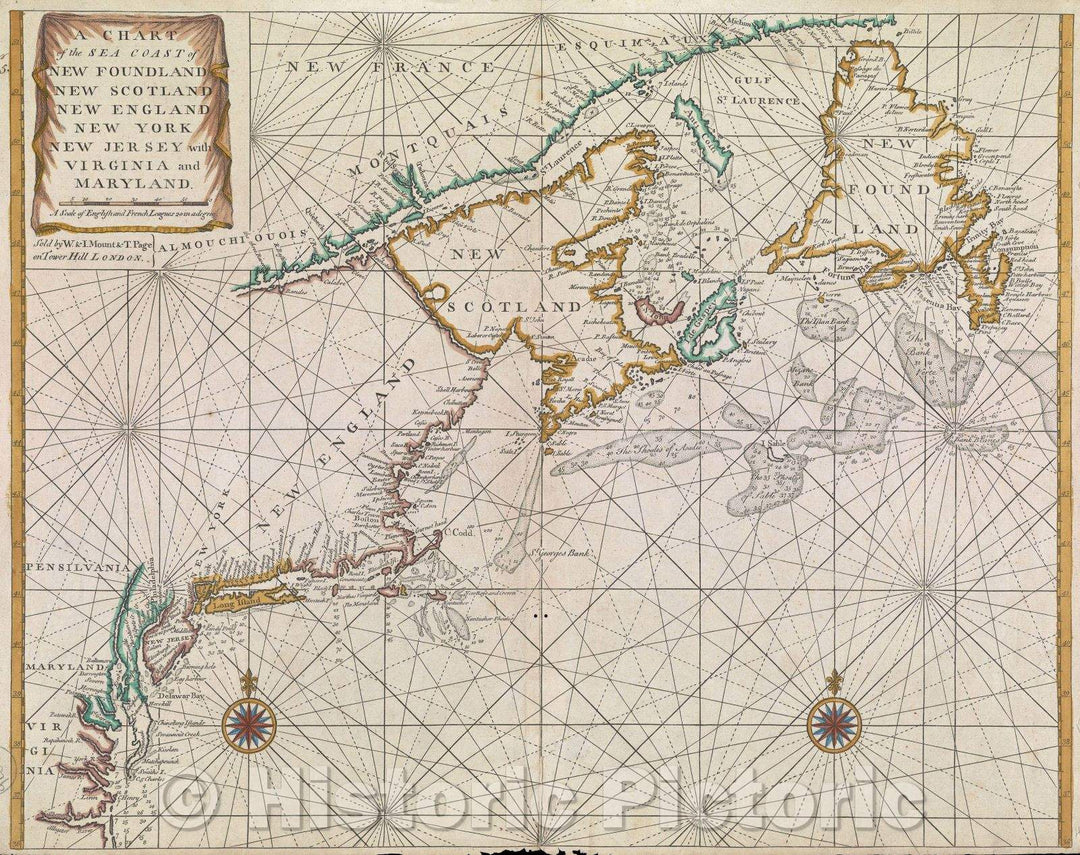 Historic Map : Chart of the Sea Coast of New Foundland, New Scotland, New England, New York, New Jersey, with Virginia and Maryland., c. 1759 , Vintage Wall Art