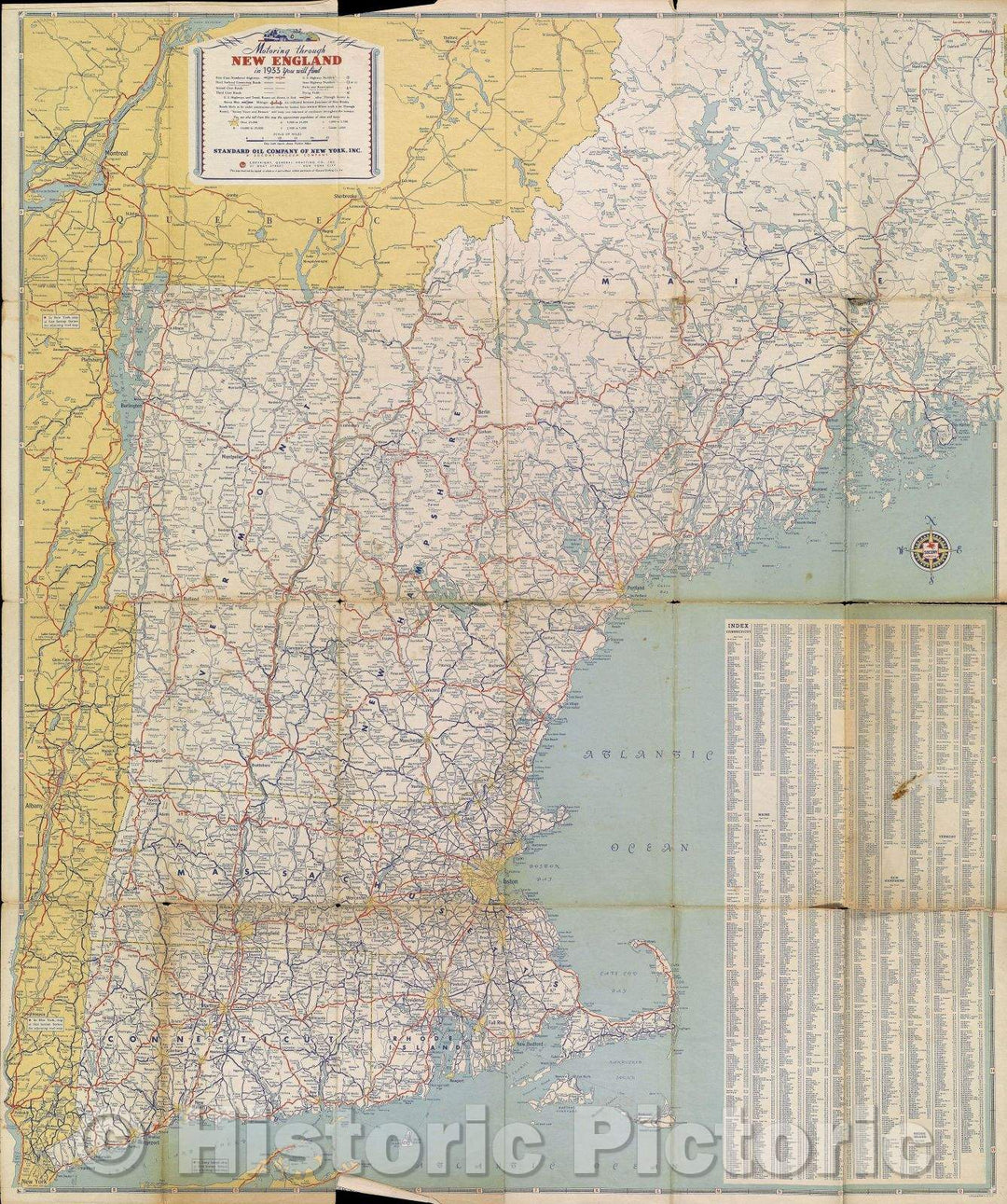 Historic Map : Motoring through New England in 1933, 1933 , Vintage Wall Art