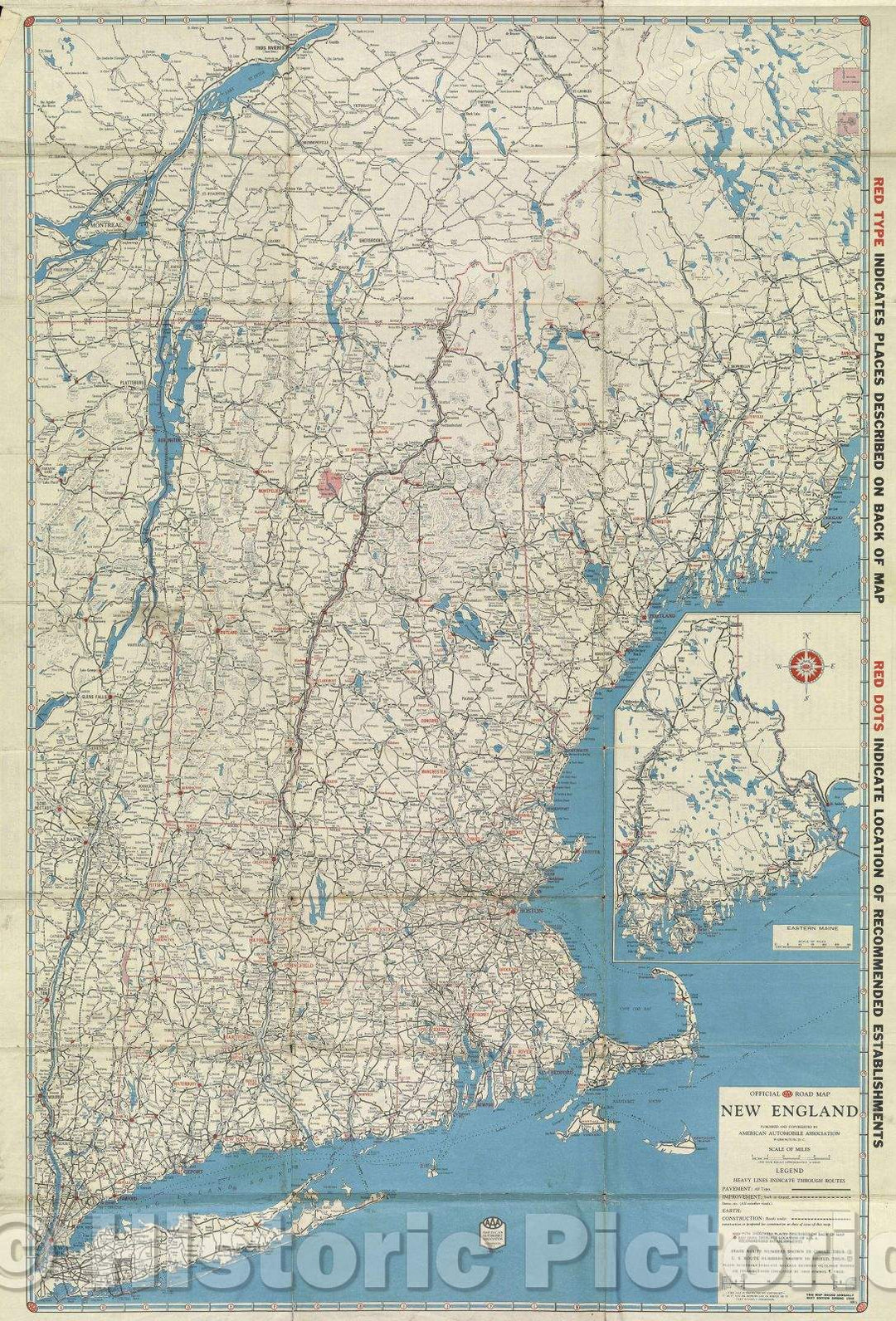 Historic Map : Official AAA Road Map New England, 1939 , Vintage Wall Art