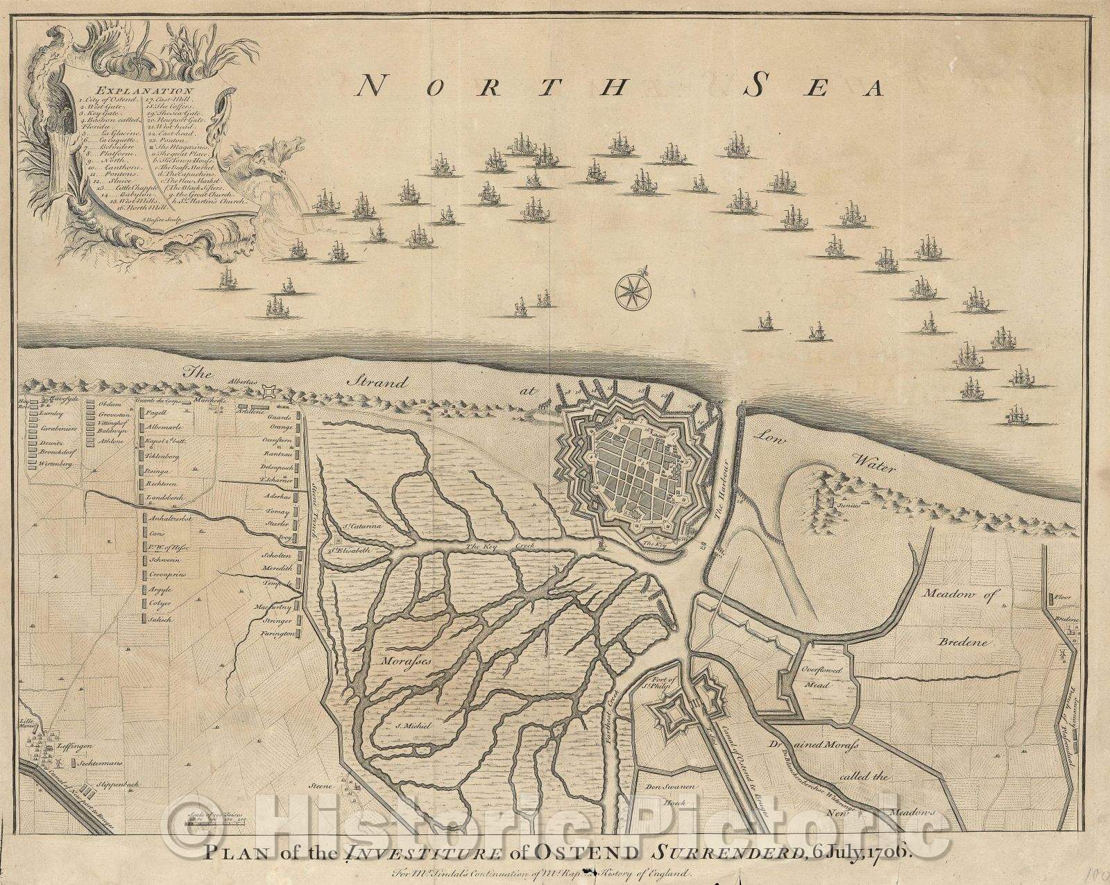 Historic Map : Plan of the Investiture of Ostend Surrenderd, 6 July, 1706 : for Mr. Tindal's continuation of Mr. Rapin's History of England, c. 1748 , Vintage Wall Art