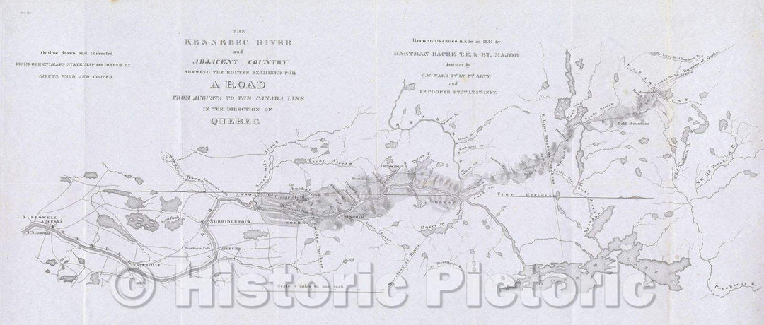 Historic Map : The Kennebec River and Adjacent Country Shewing the routes Examined for a Road from Augusta, Maine to the Canada Line in the Direction of Quebec, 1834 , Vintage Wall Art