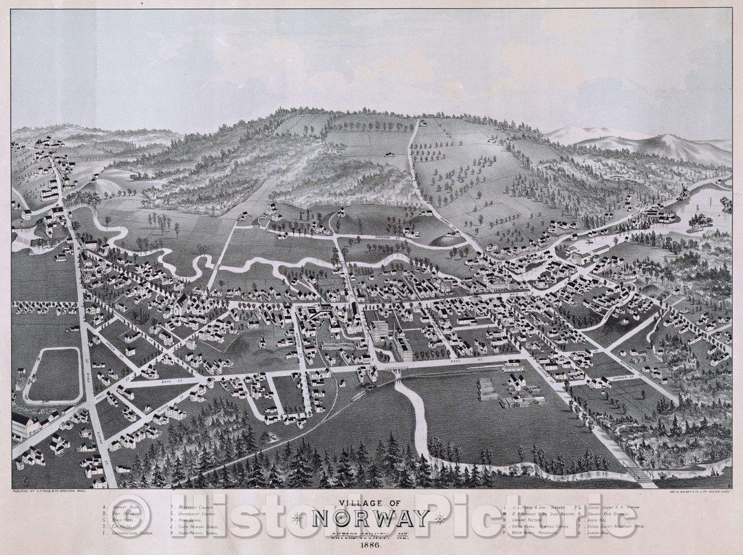 Historic Map : Village of Norway Oxford County, Maine 1886, 1886 , Vintage Wall Art