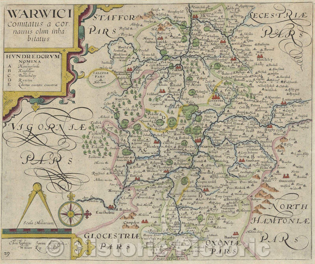 Historic Map : Warwici Comitatus a cornauiis olim inhabitatus, c. 1576 , Vintage Wall Art