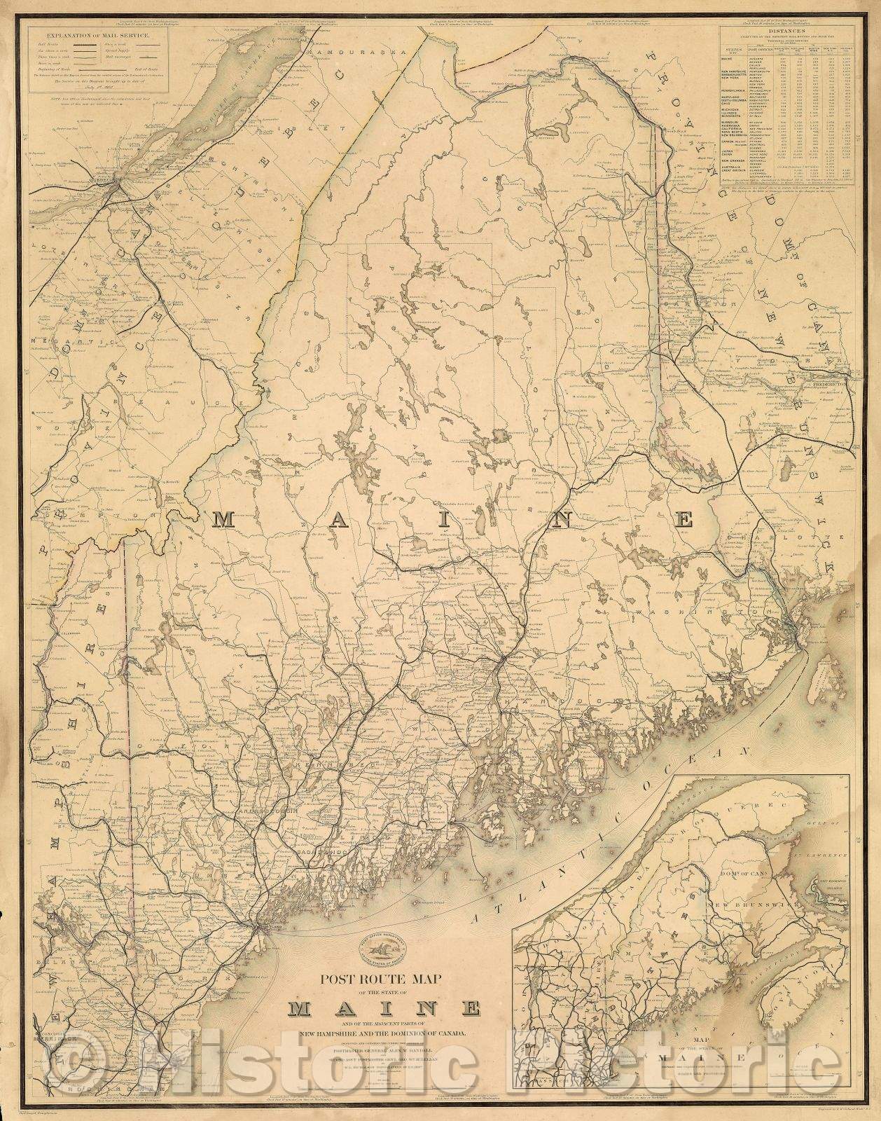 Historic Map : Post Route Map of the State of Maine and of the Adjacent Parts of New Hampshire and the Dominion of Canada, 1869 , Vintage Wall Art