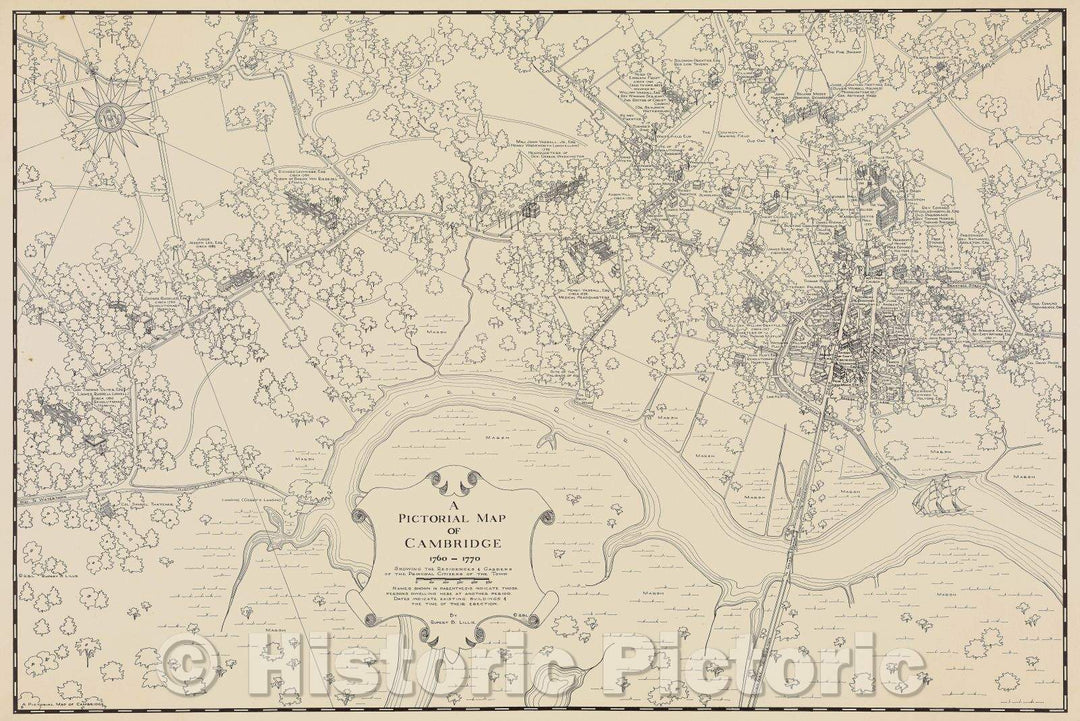 Historic Map : A Pictorial Map of Cambridge 1760-1770 showing the Residences and Gardens of the Principal Citizens of the Town, 1949 , Vintage Wall Art