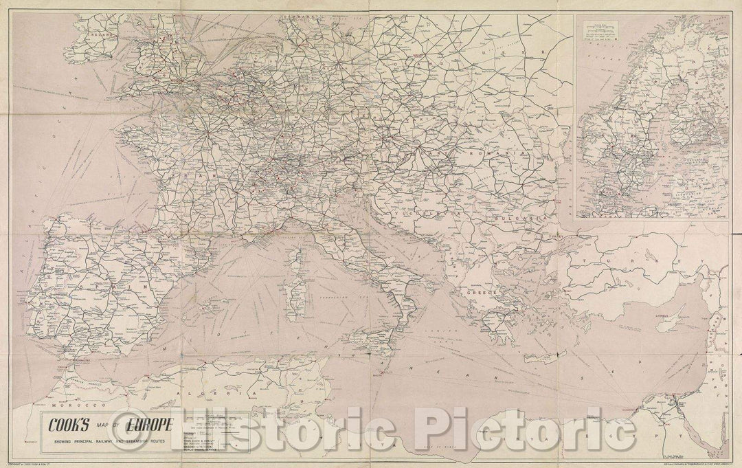 Historic Map : Cook's Map of Europe Showing Principal Railway and Steamship Routes, 1955 , Vintage Wall Art