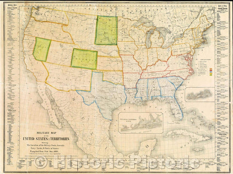 Historic Map : Military Map of the United States and Territories Showing the Location of the Military Posts, Arsenals, Navy Yards, and Ports of Entry, 1861 , Vintage Wall Art
