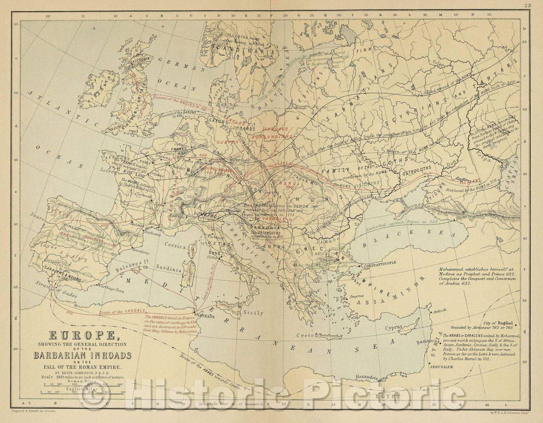 Historic Map : Europe showing the general direction of the Barbarian inroads on the fall of the Roman Empire, c. 1875 , Vintage Wall Art