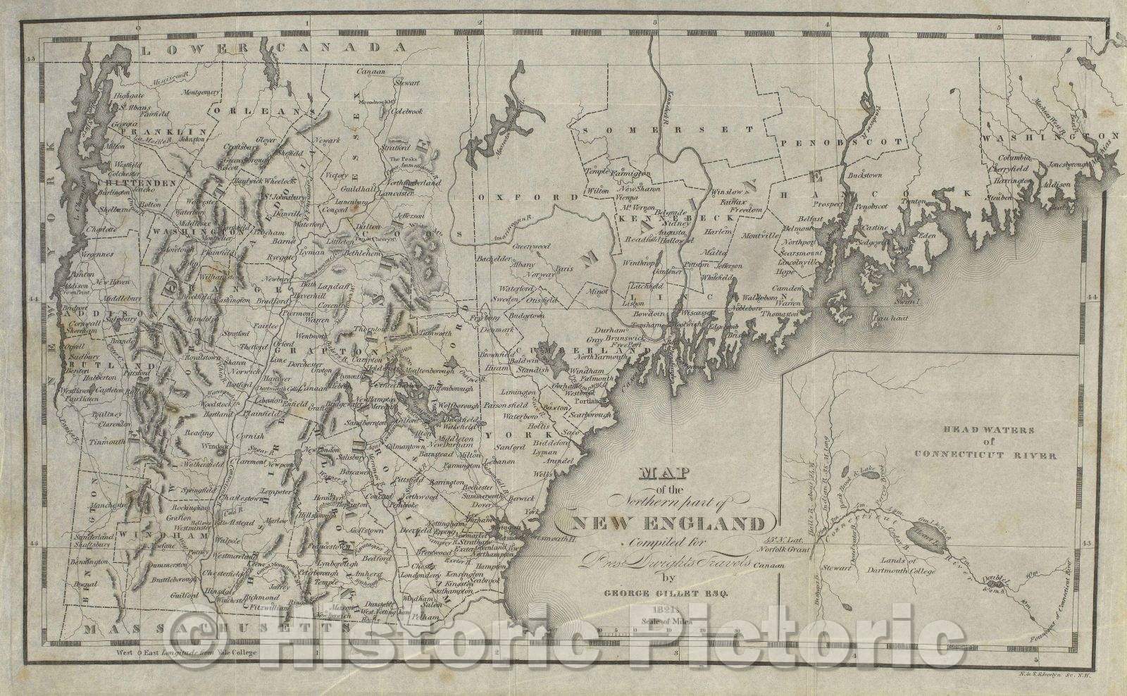 Historic Map : Map of the Northern part of New England compiled for Pres. Dwight's travels, 1821 , Vintage Wall Art