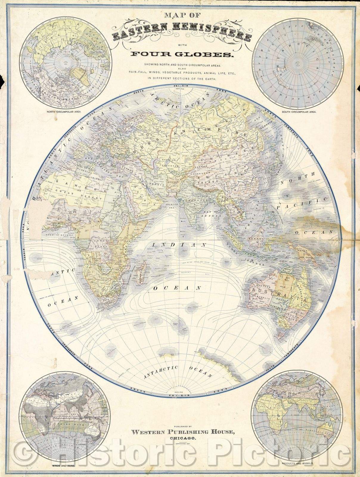 Historic Map : Sheet from Yaggy's  Geographical Study: "Map of Eastern Hemisphere with Four Globes", 1887 , Vintage Wall Art