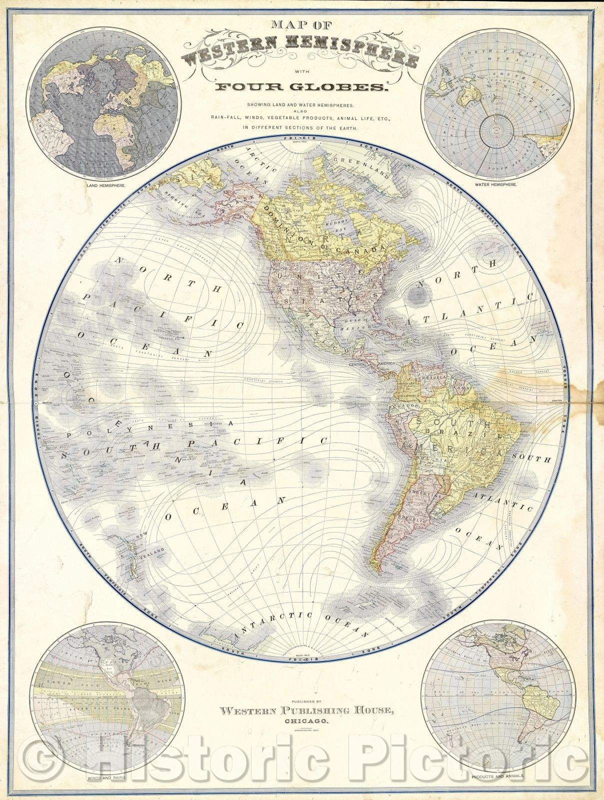 Historic Map : Sheet from Yaggy's  Geographical Study: "Map of the Western Hemisphere with Four Globes", 1887 , Vintage Wall Art