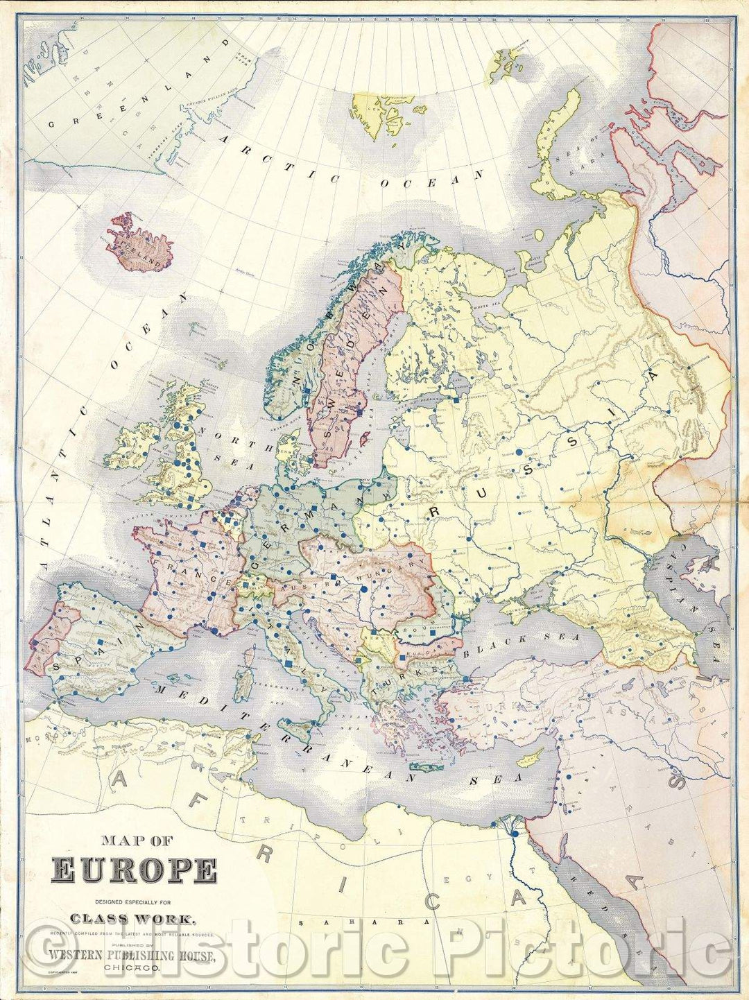 Historic Map : Sheet from Yaggy's  Geographical Study: "Map of Europe Designed Especially for Class Work", 1887 , Vintage Wall Art