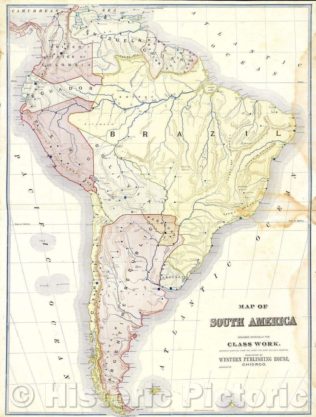 Historic Map : Yaggy's Geographical Study: "Map of South America Designed Especially for Class Work", 1887 , Vintage Wall Art