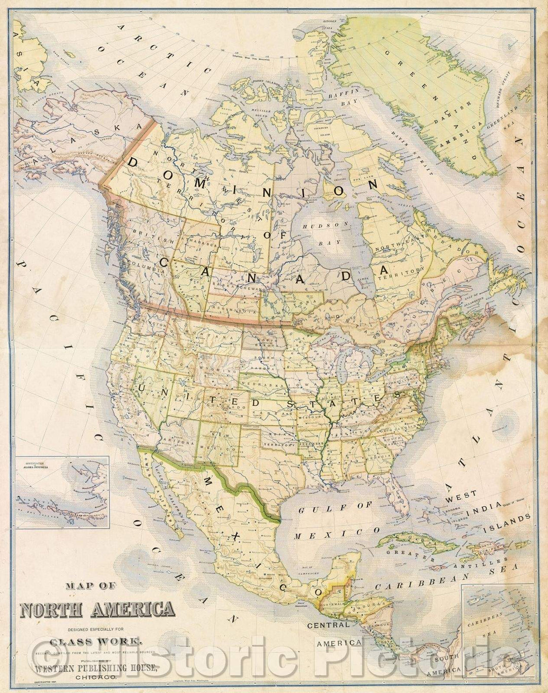 Historic Map : From Yaggy's Geographical Study: "Map of North America Designed Especially for Class Work", 1887 , Vintage Wall Art