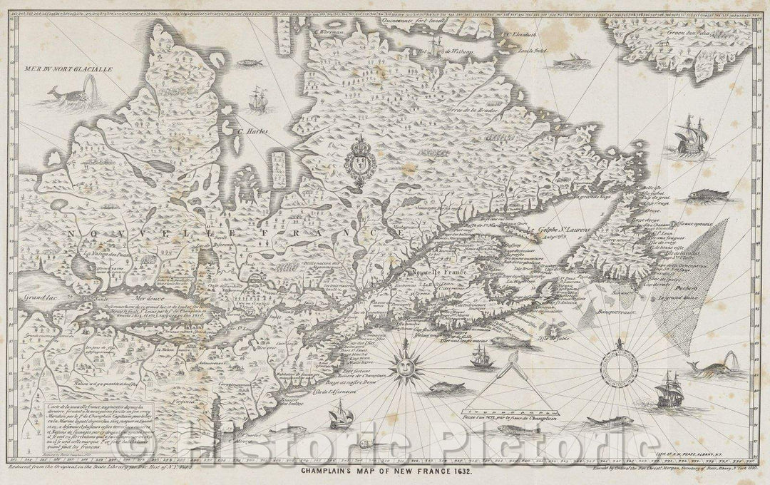 Historic Map : Champlain's Map of New France 1632, 1850 , Vintage Wall Art