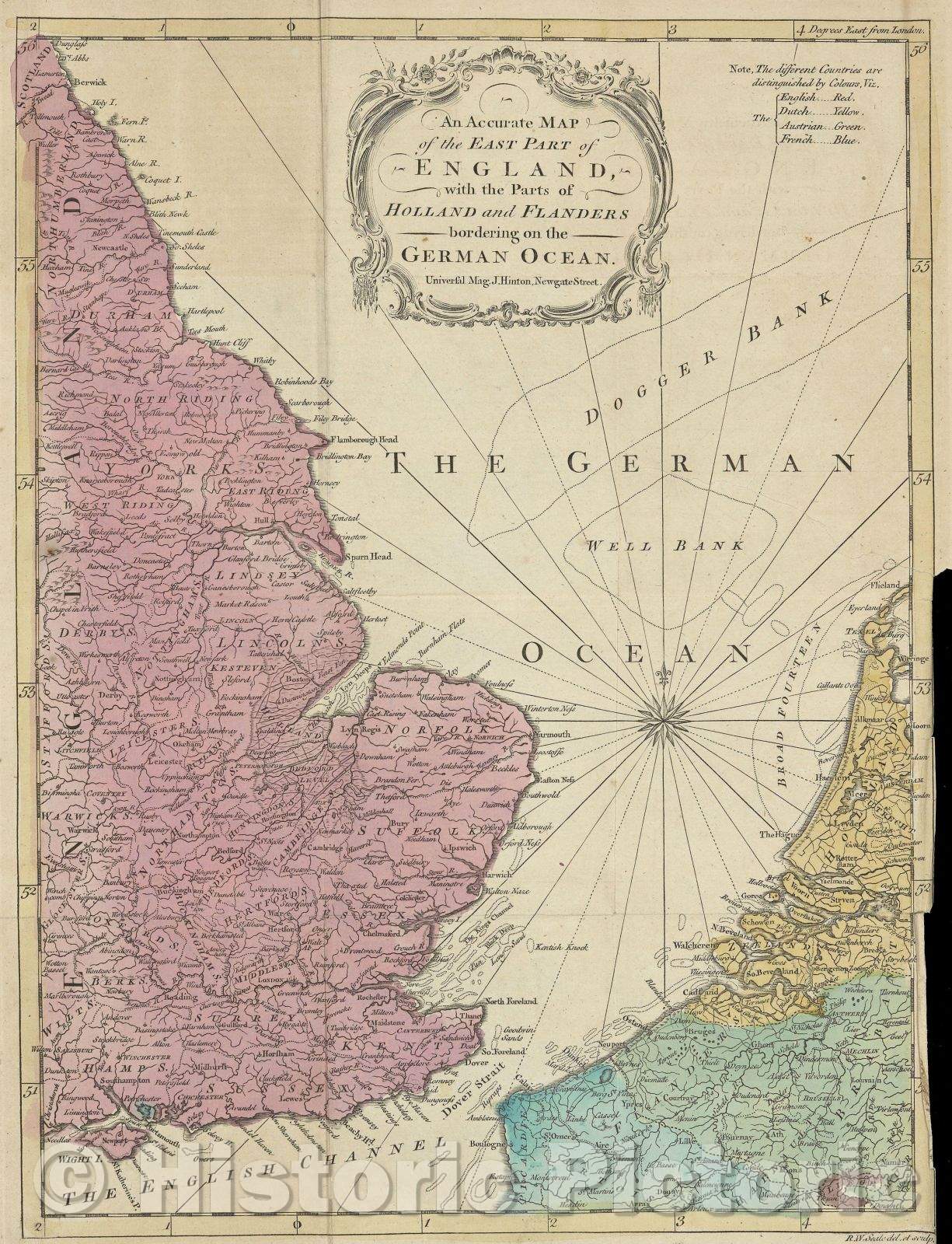 Historic Map : An Accurate Map of the East Part of England with the Parts of Holland and Flanders bordering on the German Ocean., 1760 , Vintage Wall Art