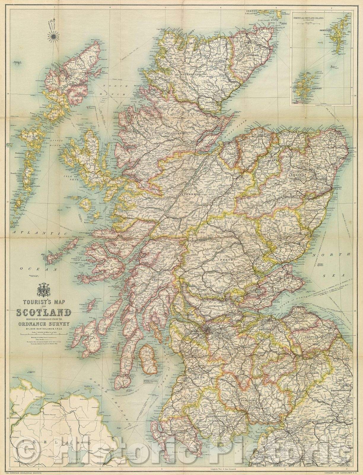 Historic Map : Tourist's Map of Scotland Reduced by Permission from the Ordnance Survey by John Bartholomew, F.R.C.S., 1914 , Vintage Wall Art