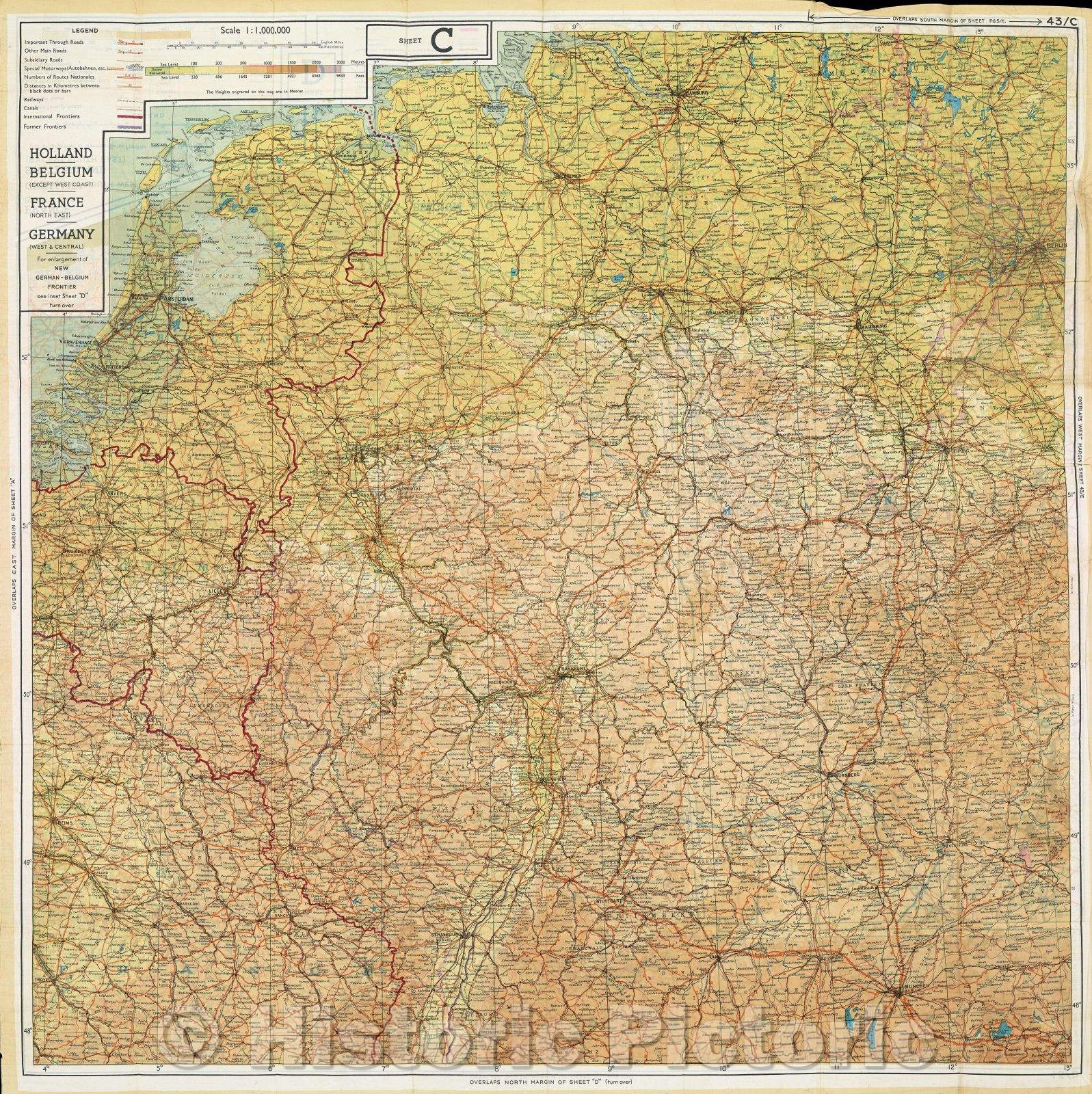 Historic Map : Holland, Belgium (except west coast), France (north east), Germany (west and central) , 1943 , Vintage Wall Art