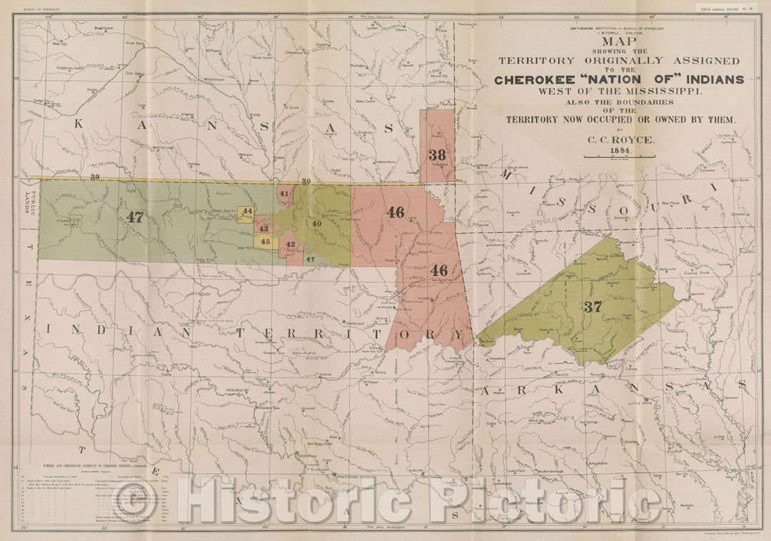 Historic Map : Map Showing the Territory Originally Assigned to the Cherokee "Nation of" Indians West of the Mississippi, also the boundaries of the Territory, 1884 , Vintage Wall Art