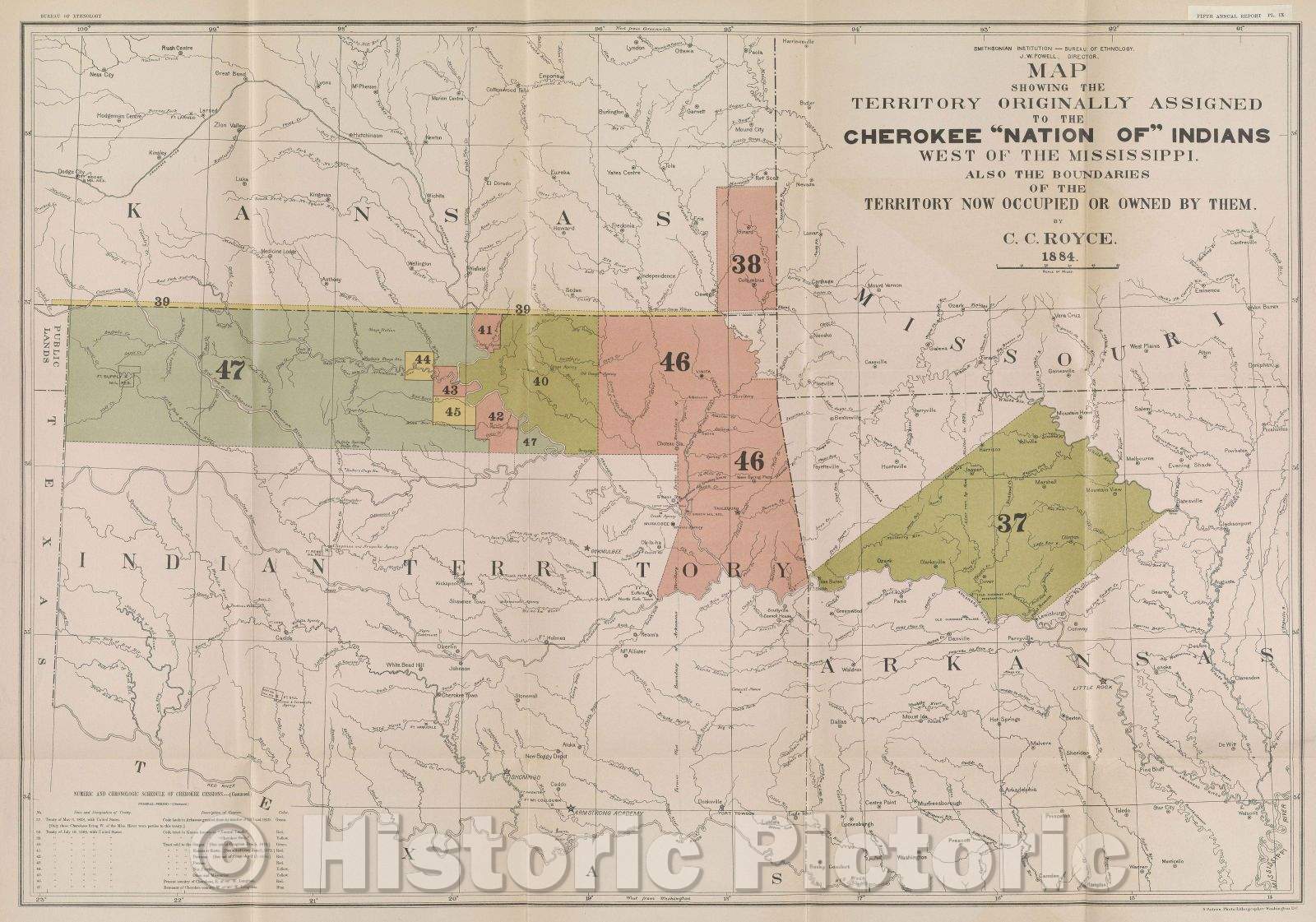 Historic Map : Map Showing the Territory Originally Assigned to the Cherokee "Nation of" Indians West of the Mississippi, also the boundaries of the Territory, 1884 , Vintage Wall Art