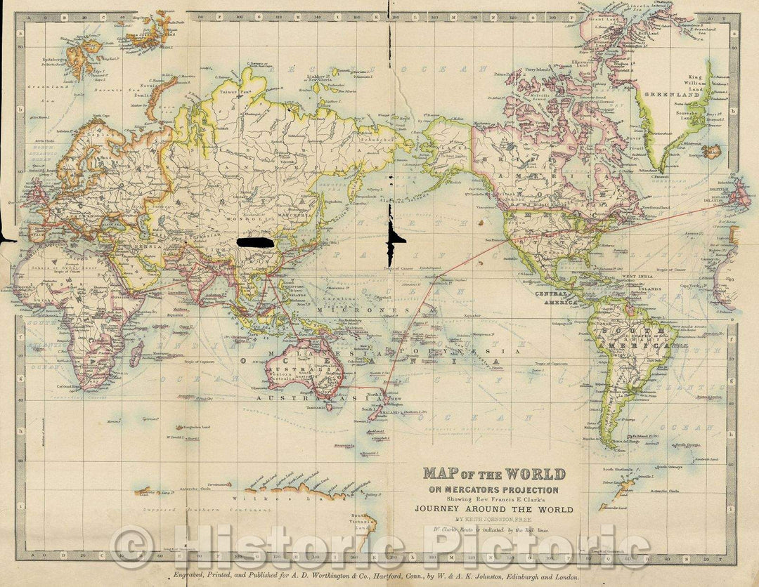 Historic Map : Map of the World on Mercator's Projection Showing Reverend Francis E. Clark's Journey around the World, 1895 , Vintage Wall Art