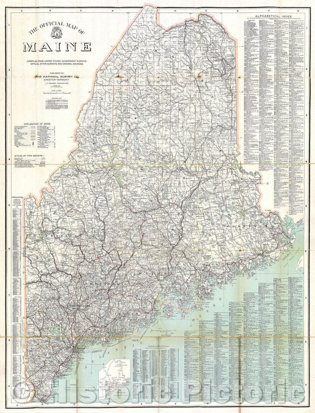 Historic Map : The Official Map of Maine compiled from United States government surveys, official state surveys, and original sources; L.V. Crocker, Topographer., 1918 , Vintage Wall Art