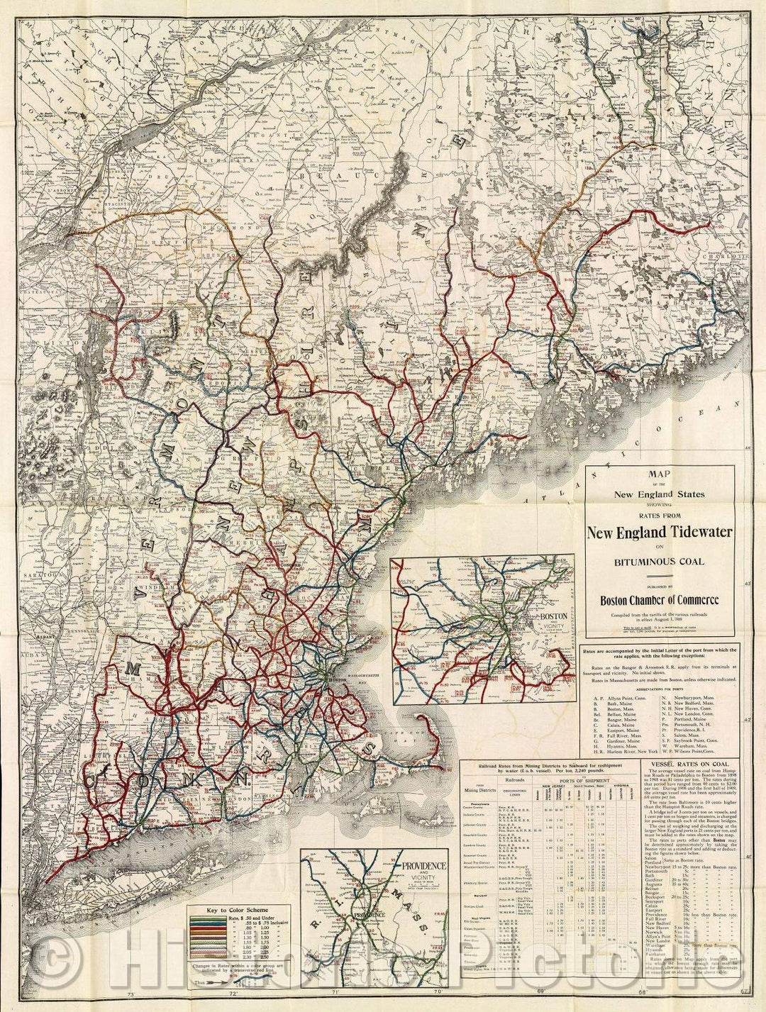 Historic Map : Map of the New England States showing Rates from New England Tidewater on Bituminous coal, 1909 , Vintage Wall Art