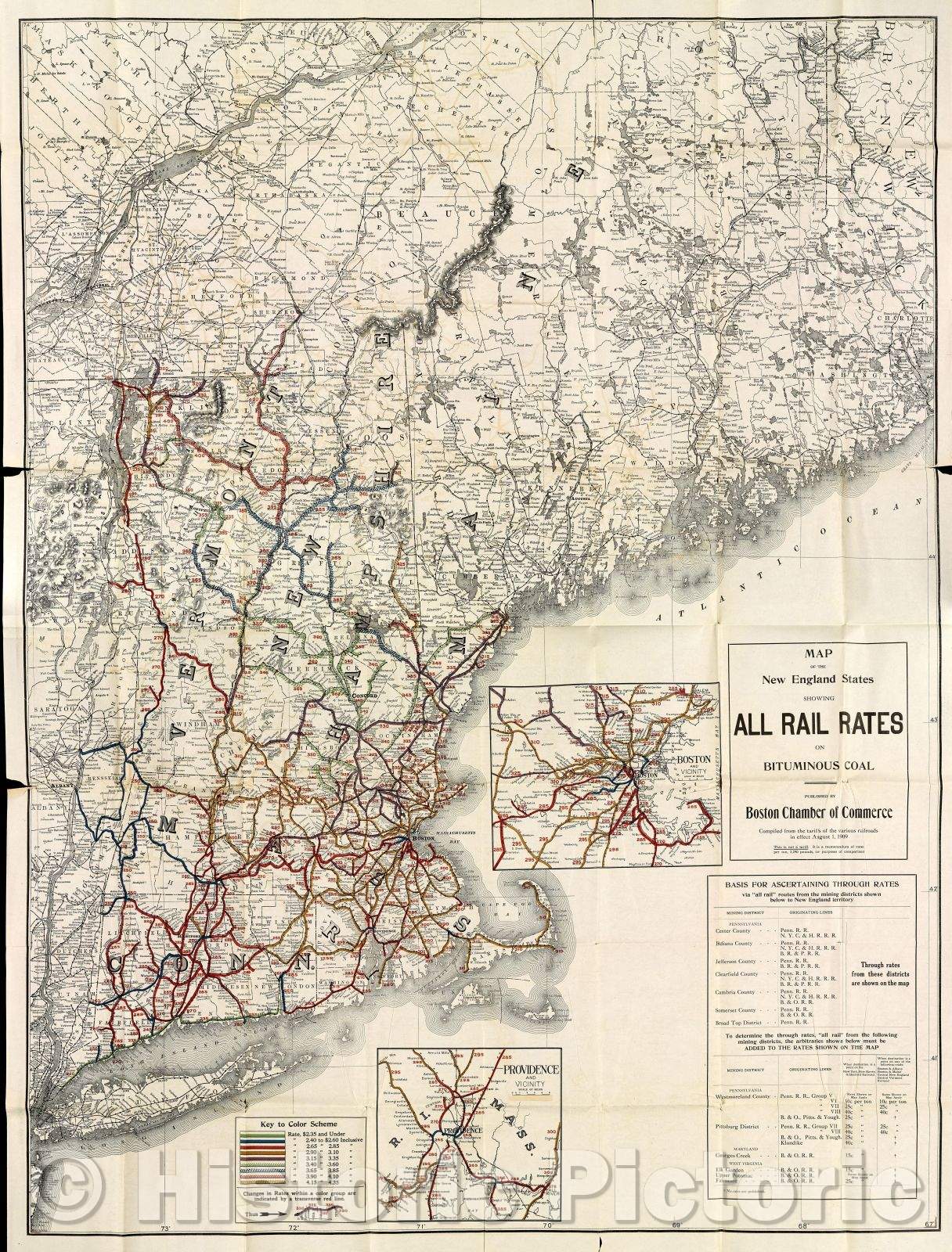 Historic Map : Map of the New England States showing All Rail Rates on Bituminous coal, 1909 , Vintage Wall Art