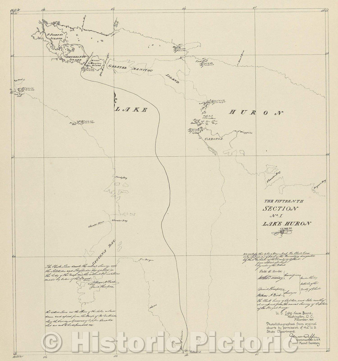 Historic Map : The Fifteenth Section No. 1 Lake Huron 1820 and 21, 1891 , Vintage Wall Art