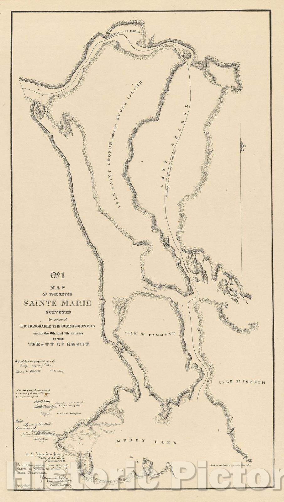 Historic Map : No. 1 Map of the River Sainte Marie surveyed by order of the Honorable the commissioners under the 6th and 7th articles of the Treaty of Ghent, 1891 , Vintage Wall Art